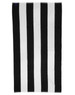 A striped beach towel featuring alternating black and white stripes. The towel includes a logo in one corner.
