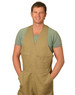 Men's cotton drill action back overall in beige, featuring pockets and worn over a green shirt. Model is smiling.