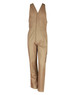 A beige cotton drill overall with a V-neck design and multiple pockets, featuring a logo on the chest.