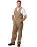 Men's DURA WEAR action back overalls in khaki, featuring multiple pockets and a logo, worn by a man.