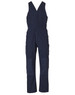 A navy blue men's overall featuring adjustable straps, multiple pockets, and a branded logo.