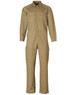 A men's cotton drill coverall in khaki, featuring long sleeves and multiple pockets, with a logo on the label.