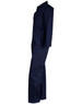 A navy blue men's cotton drill coverall with long sleeves and a chest pocket, featuring a logo.
