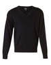 A black V-neck wool and acrylic knit jumper, featuring long sleeves and a ribbed hem. The product has a logo.