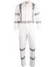 A white coverall with reflective silver stripes and a front pocket, featuring a logo on the chest area.
