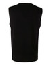 A black V neck wool and acrylic knit vest, featuring a sleeveless design and ribbed bottom hem.