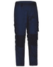 Unisex utility stretch cargo work pants in navy blue with black accents and multiple cargo pockets. Features a logo.