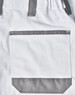 A pair of white unisex cargo work pants featuring grey accents and a large back pocket.