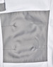 A close-up of unisex utility stretch cargo work pants in white with a grey patch pocket. The pants have a logo detail.