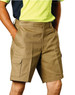 A pair of khaki men's heavy cotton drill shorts with cargo pockets, featuring a branding logo.