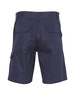 A pair of navy blue heavy cotton drill shorts with multiple pockets and a logo on the back.