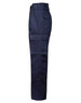 A side view of navy cargo pants featuring a large pocket on the leg and a regular fit silhouette.