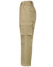 Beige cargo pants featuring multiple pockets on the leg, showcasing a stout fit with a side view.