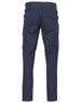 Navy cargo pants with drill pant pockets on the legs and a stout fit, featuring two rear pockets.