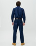 A pair of navy work pants with a straight fit, featuring cargo pockets, displayed from the back.