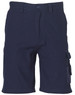 A pair of navy blue cargo shorts featuring side pockets and a button closure, with a logo on the waistband.