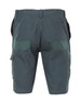 A pair of green cargo shorts with multiple pockets and a waistband, featuring a logo.