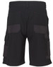 A pair of black cargo work shorts featuring multiple pockets and reinforced sections on the back.