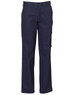 Navy cargo pants with pockets, featuring a button and zipper closure. Includes a branding logo on the waistband.