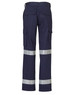 Heavy cotton cargo pants in navy blue with reflective 3M tape for visibility. Features multiple pockets and a back view.