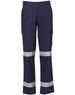 Heavy cotton drill cargo pants in navy blue with reflective 3M tape detailing and pockets, featuring a brand logo.
