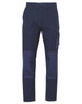 A pair of navy blue work pants with a cargo pocket and reinforced sections. Features a logo on the waistband.