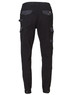 A pair of black work pants featuring grey accents and multiple pockets, with a logo on the waistband.