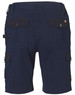 A pair of navy work shorts featuring multiple pockets and a logo on the waistband.