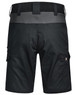 Work shorts in black with a grey waistband, featuring pockets and a logo on the side.