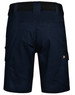 Navy blue stretch work shorts featuring cargo pockets and an elastic waistband, with a small logo on the side.