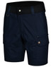 Navy blue Rip-Stop poly/cotton stretch work shorts with multiple pockets and a brand logo.