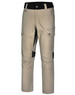 Rip-stop poly/cotton stretch work pants in beige with black panels and multiple pockets. Features a logo on the side.