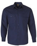 A navy cotton drill work shirt featuring a button-up front and two chest pockets, with a logo on the collar.