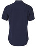 A navy blue short sleeve work shirt featuring a collar and a back yoke, with a branding logo on the label.