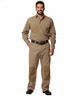 A work pant in khaki with reinforced patches, featuring pockets and a belt, displayed on a smiling model.