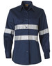 A navy long-sleeved work shirt with 3M reflective strips and two chest pockets. Features a logo on the collar.