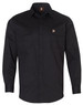 A black long-sleeve shirt with two chest pockets and a logo on the chest.