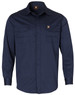 A navy long-sleeved work shirt featuring two front pockets and a small logo.