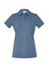 A women's short sleeve polo shirt in a soft blue colour, featuring a collar and button placket. It has a logo.