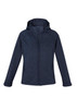 A navy women's soft shell jacket with a hood, featuring a textured pattern and zipped pockets.