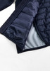 A unisex patrol jacket in navy blue, featuring a quilted lining and an interior texture pattern. It includes a logo.