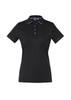 A black women's short sleeve polo shirt with a collar and a logo. It features button detailing and contrasting trim.