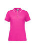 A women's short sleeve polo shirt in vibrant pink featuring a subtle logo on the sleeve.
