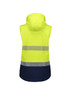 A women's 2-in-1 stretch softshell jacket in high visibility yellow with navy stripes and a hood. Features a logo.