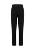 A pair of black slim fit flat front pant with back pockets, showcasing a tailored design.