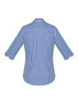 A blue and white gingham women's button-up shirt with 3/4 sleeves and a back yoke design.