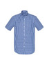 A short sleeve, button-up shirt featuring a blue and white gingham check pattern. Includes a collar and front buttons.