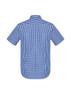 A blue and white checkered men's short sleeve button-up shirt with a collar, showing the back view.