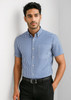 A short-sleeve button-up shirt in blue and white gingham pattern, featuring a collar and a branded logo.