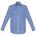 A blue and white checked long sleeve button-up shirt with a collar and cuffs, featuring branding on the chest.